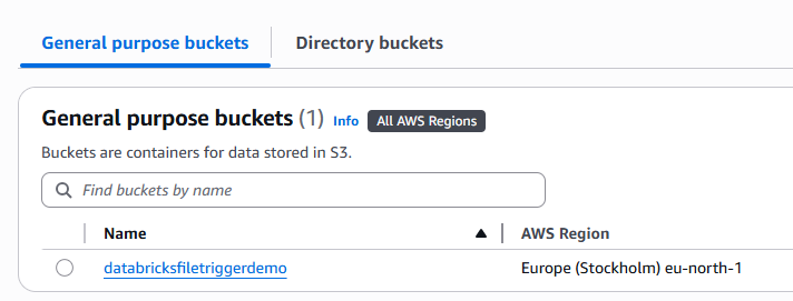 Screenshot of an S3 bucket called databricksfiletriggerdemo