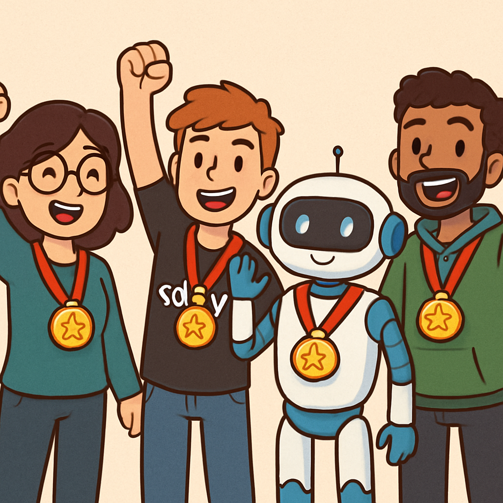 A cartoon image of three developers and one robot winning gold medals-1