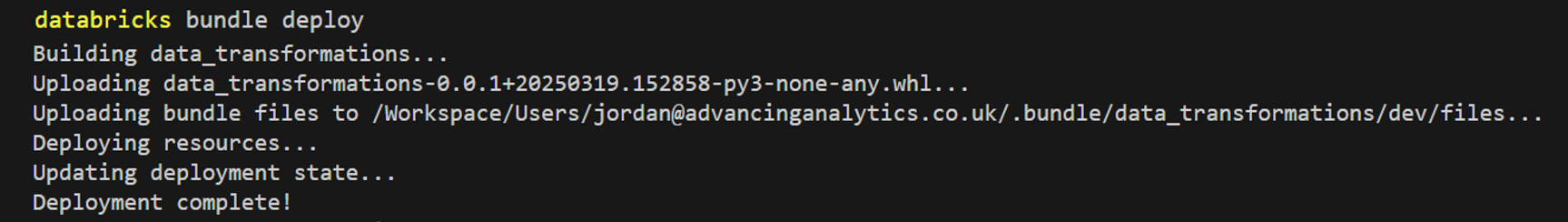 CLI output of running the databricks bundle deploy command.