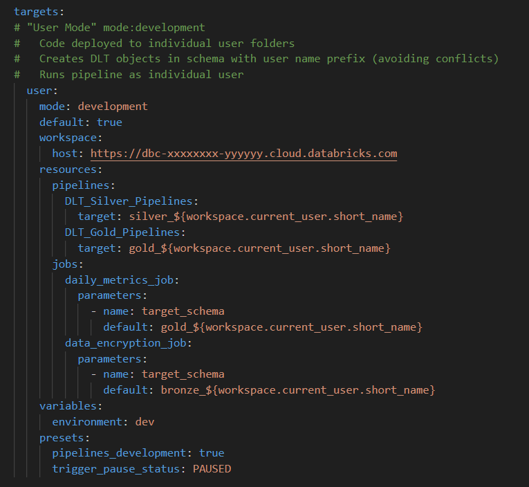 Correct implementation of a user tagret which uses mode: development to add usernames to the target schemas of pipelines and jobs